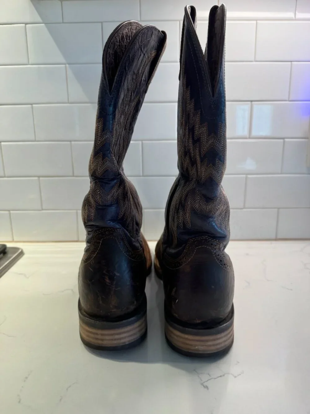 Ariat Tycoon Western Boots Mens 12EE Extra Wide Square Toe Brown Dark Blue Leath